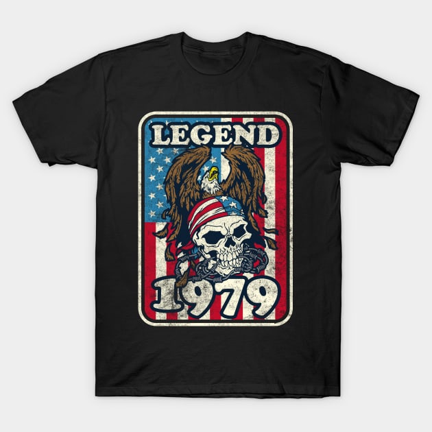 1979 Birthday Legend Bald Eagle Skull USA Flag T-Shirt by RadStar